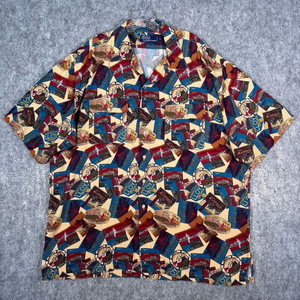 Polo Ralph Lauren Camp Shirt Mens XL Beige Loop Collar Rayon AOP Vintage